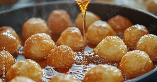 Mexican Buñuelos with Piloncillo Syrup. AI generated illustration. photo