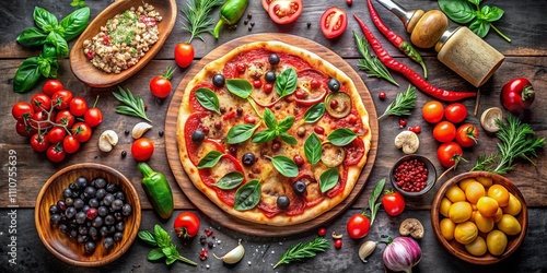 Panoramic Photography of a Round Design Element Featuring Colorful Pizza Icons Surrounded by Fresh Ingredients and Toppings, Perfect for Food-Themed Projects and Marketing Materials