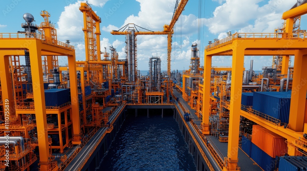 Aerial View of Industrial Oil and Gas Facility with Bright Orange Equipment Aerial View of Industrial Oil and Gas Facility with Bright Orange Equipment