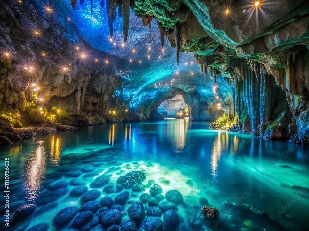 Fototapeta premium Panoramic View of a Bioluminescent Grotto: Glowing Crystal Cavern Illuminated by Natural Light in a Stunning Underwater Landscape with Vibrant Colors and Ethereal Atmosphere