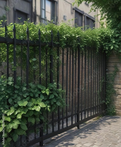 Iron black bar fence covered in thick climbing vines with green leaves , black fence, landscape , plants