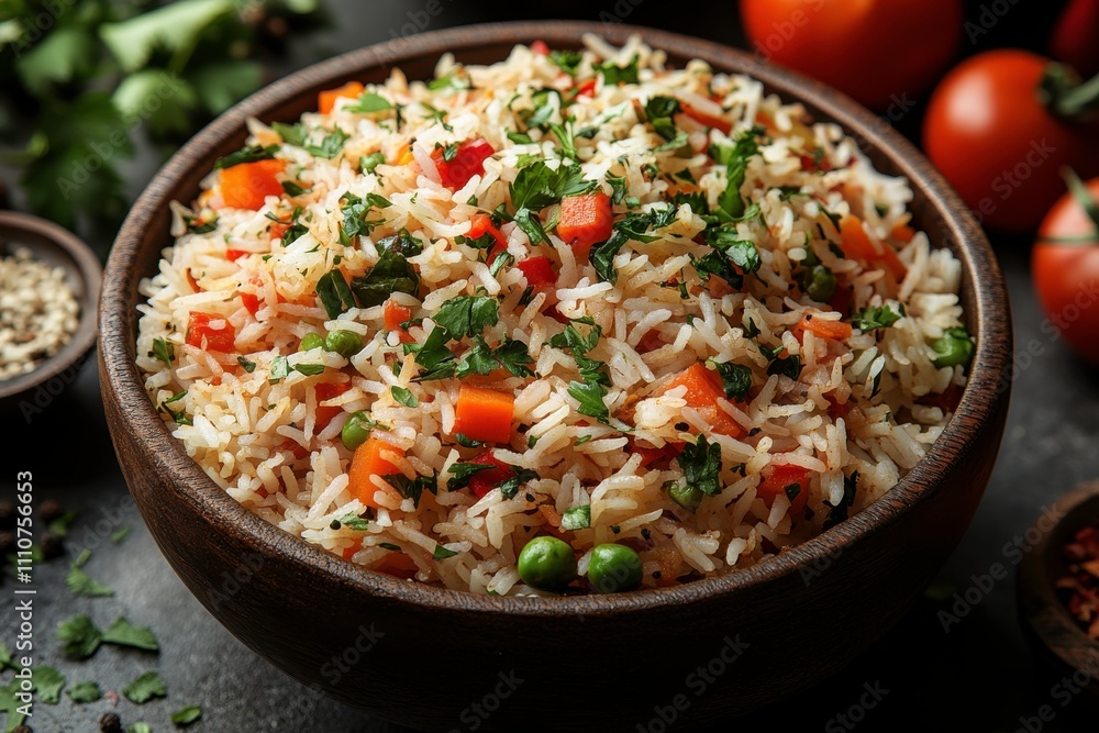 A bowl of flavorful rice mixed with vegetables and herbs, showcasing a vibrant dish. A bowl of flavorful rice mixed with vegetables and herbs, showcasing a vibrant dish.