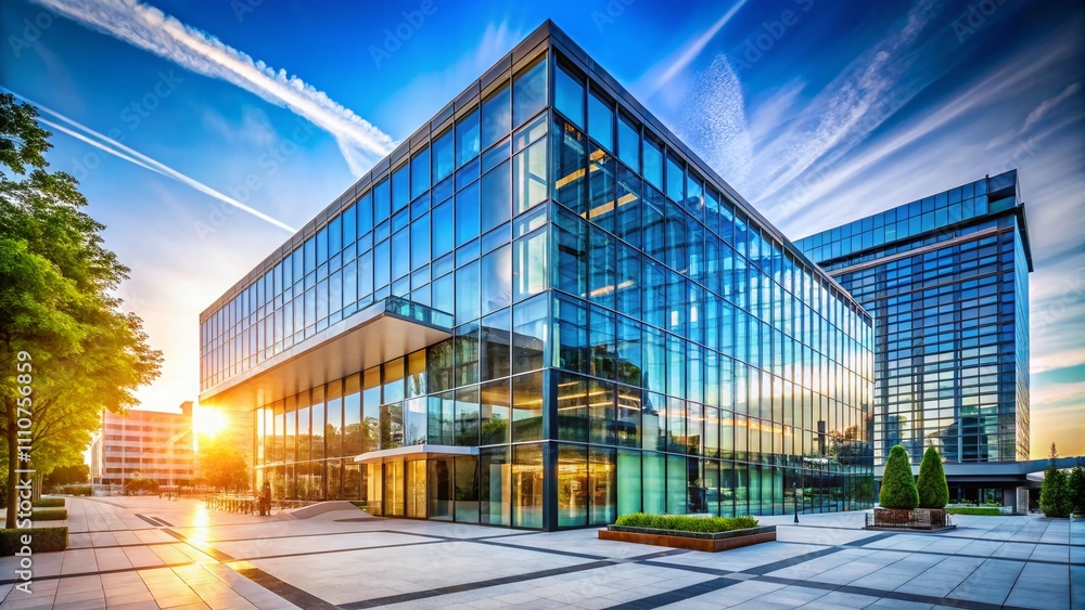 Panoramic View of a Modern Office Building with a Sleek Glass Facade Under a Clear Blue Sky, Showcasing Contemporary Architecture and Urban Design Panoramic View of a Modern Office Building with a Sleek Glass Facade Under a Clear Blue Sky, Showcasing Contemporary Architecture and Urban Design