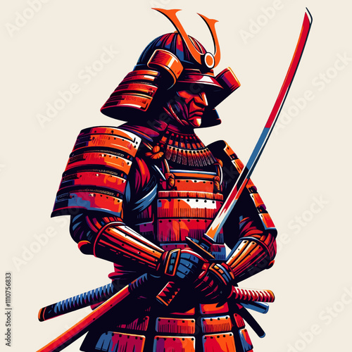 Samurai Warrior in Red, Orange, and Blue - AI Generated