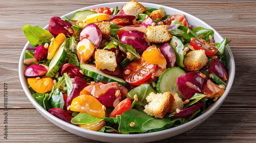 Fresh Colorful Salad with Cherry Tomatoes, Croutons, and Mixed Greens in Bowl Fresh Colorful Salad with Cherry Tomatoes, Croutons, and Mixed Greens in Bowl