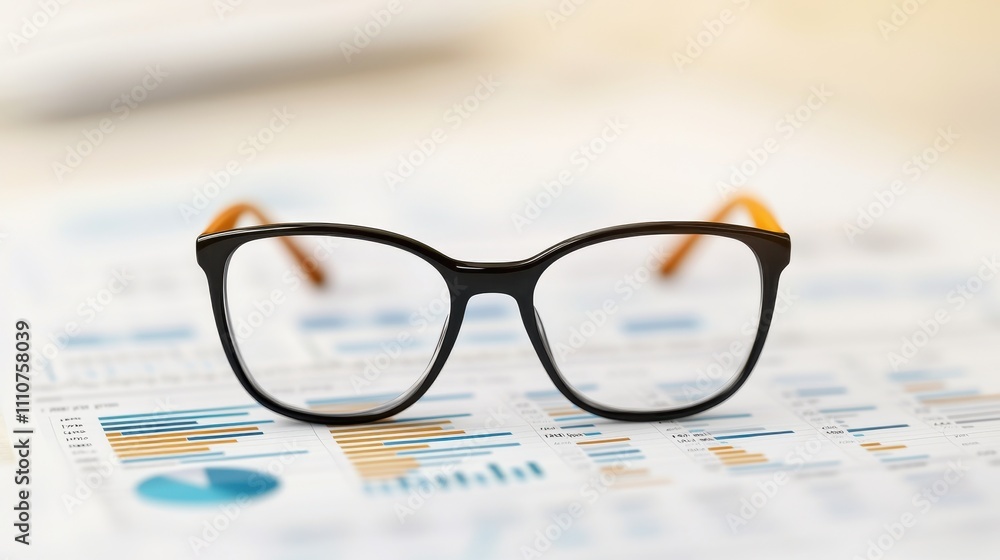 Modern glasses on financial report with charts and graphs for analysis and study Modern glasses on financial report with charts and graphs for analysis and study