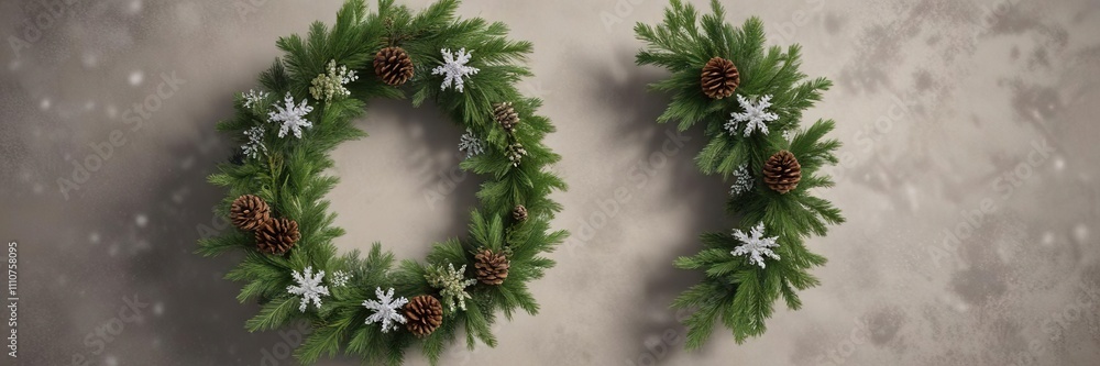 Evergreen and Pinecone Wreath with Snowflakes, winter scenery, snowflakes, evergreen branches Evergreen and Pinecone Wreath with Snowflakes, winter scenery, snowflakes, evergreen branches