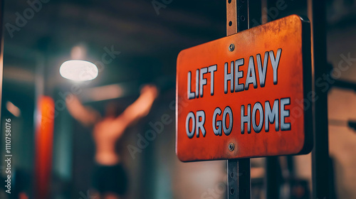 Bold gym vibes come alive with a sign proclaiming 'Lift Heavy or Go Home,' inspiring dedication and grit, as a silhouette in the background prepares to conquer strength challenges photo