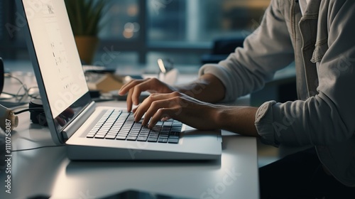 A photo of a person typing on a keyboard in an office