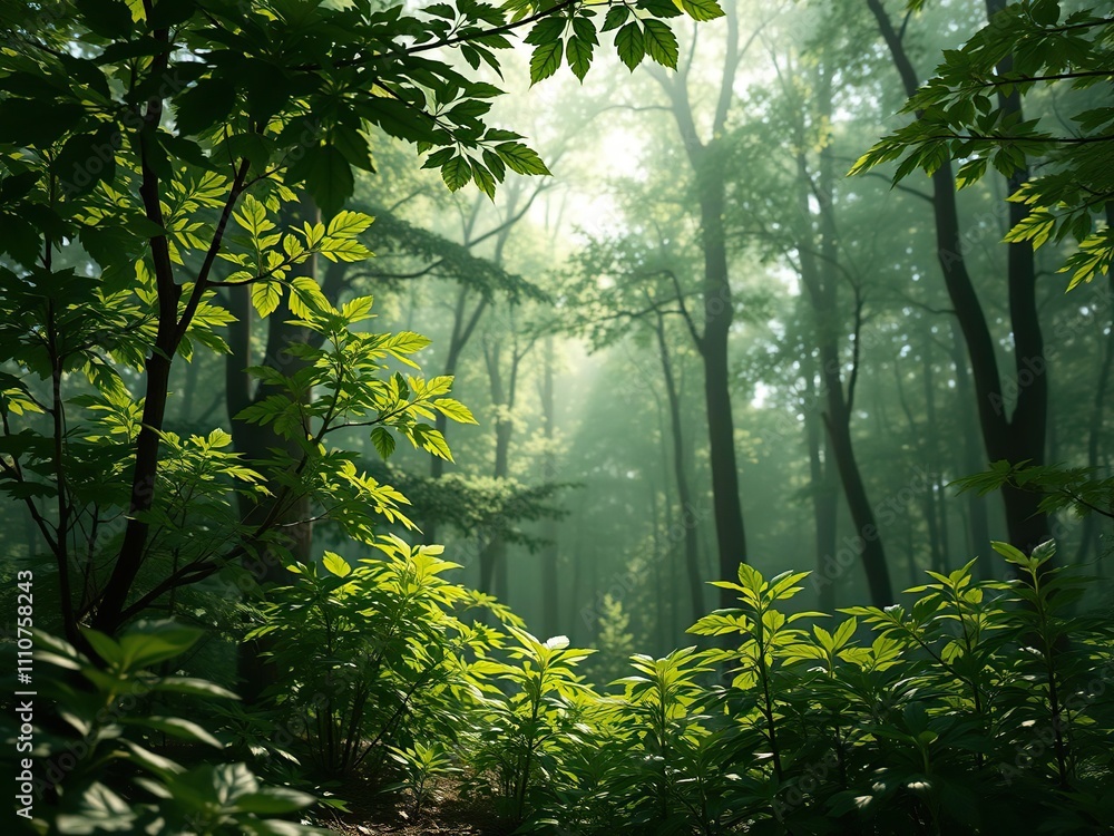 Obraz premium Foliage in the forest absorbs and reflects soft green light, branches, canopy, forest