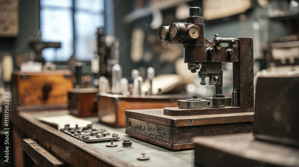 A close-up of historical laboratory equipment, showcasing its design and craftsmanship A close-up of historical laboratory equipment, showcasing its design and craftsmanship