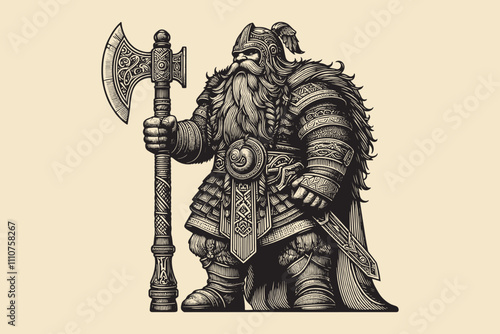 Vintage line art engraving of an ancient dwarf warrior with a battle axe. Detailed armor, braided beard, and bold features. Isolated on a white background, classic and heroic design