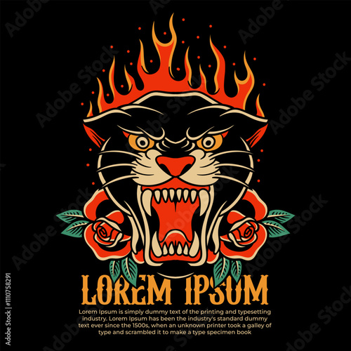 fire tiger traditional tattoo, panther tattoo, vintage tattoo design element typography