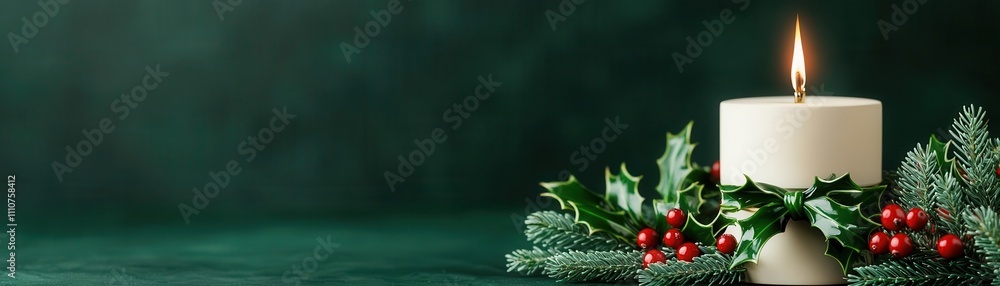 A serene Christmas scene featuring a lit candle surrounded by evergreen foliage and red berries, creating a festive atmosphere. A serene Christmas scene featuring a lit candle surrounded by evergreen foliage and red berries, creating a festive atmosphere.