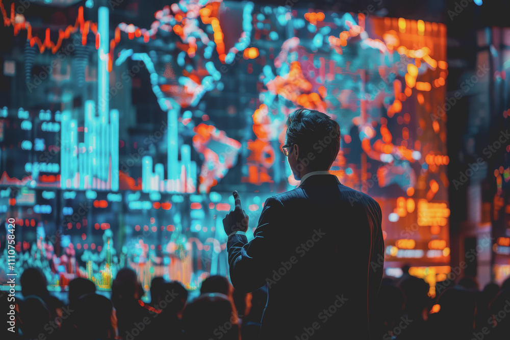 A stock market analyst is presenting a report to a group of investors using a screen to analyze data A stock market analyst is presenting a report to a group of investors using a screen to analyze data