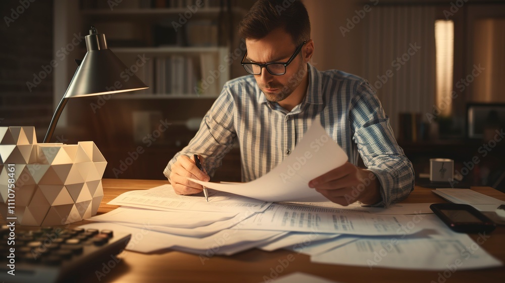 A photo of a person using a calculator with tax document A photo of a person using a calculator with tax document