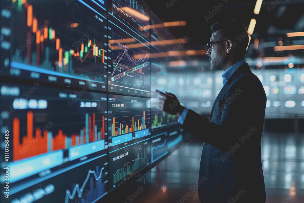 Fototapeta premium A stock market analyst is presenting a report to a group of investors using a screen to analyze data