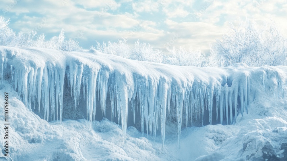 Frozen Landscape with Icicles and Snow Covered Trees