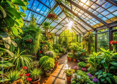 Panoramic View of Lush Greenhouse Filled with Vibrant Plants and Foliage, Showcasing Diverse Plant Species in a Sunlit Environment for Nature Enthusiasts and Gardeners