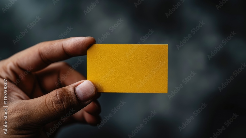 A hand holds a small yellow card against a blurred background. A hand holds a small yellow card against a blurred background.
