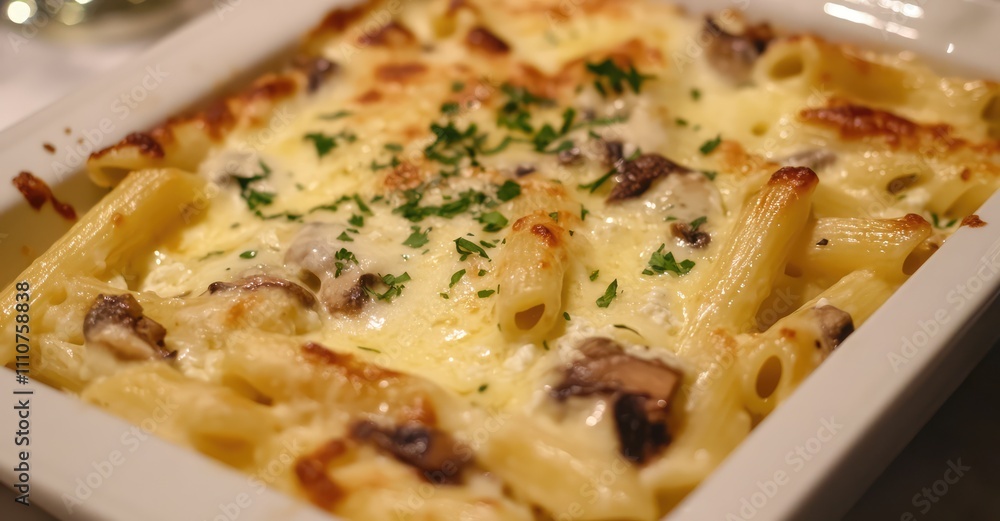 Pasta Gratinata ai Funghi e Mozzarella. AI generated illustration. Pasta Gratinata ai Funghi e Mozzarella. AI generated illustration.