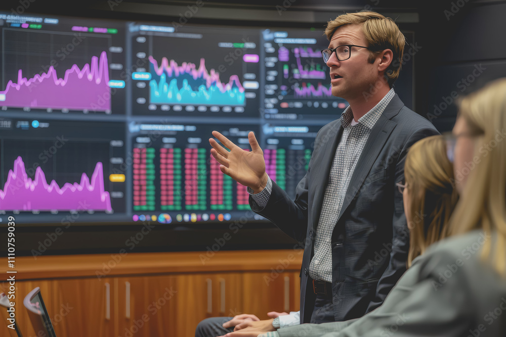 Fototapeta premium A stock market analyst is presenting a report to a group of investors using a screen to analyze data