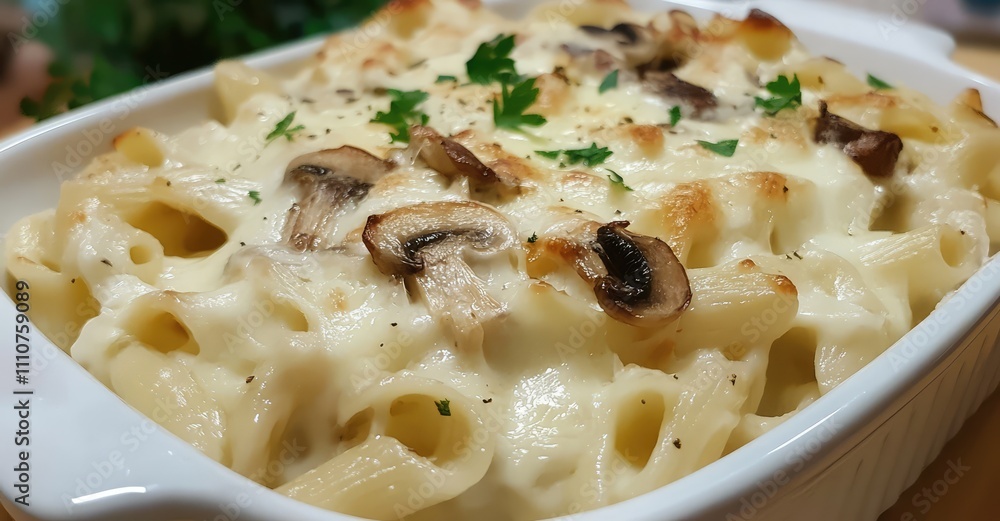 Pasta Gratinata ai Funghi e Mozzarella. AI generated illustration. Pasta Gratinata ai Funghi e Mozzarella. AI generated illustration.