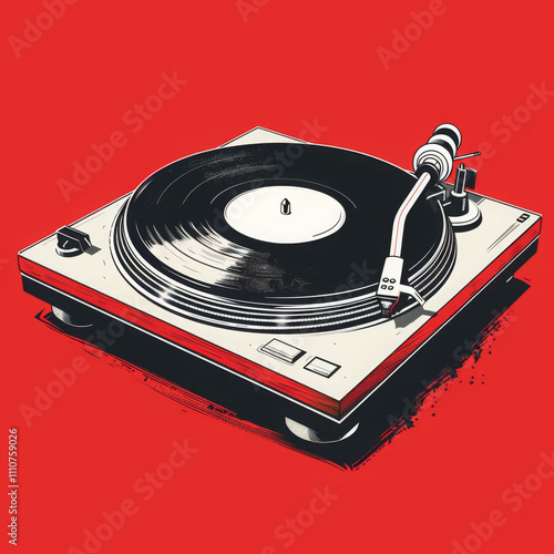 vintage turntable with black vinyl record on vibrant red background, capturing essence of classic music and nostalgia