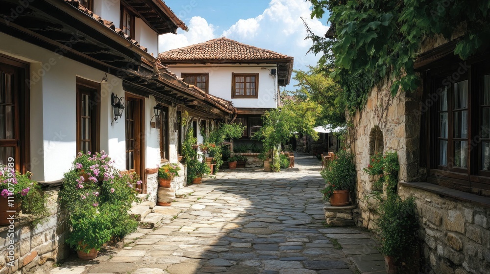 Cobblestone alleyway in a historic European village with traditional houses, flowers, and greenery. Cobblestone alleyway in a historic European village with traditional houses, flowers, and greenery.