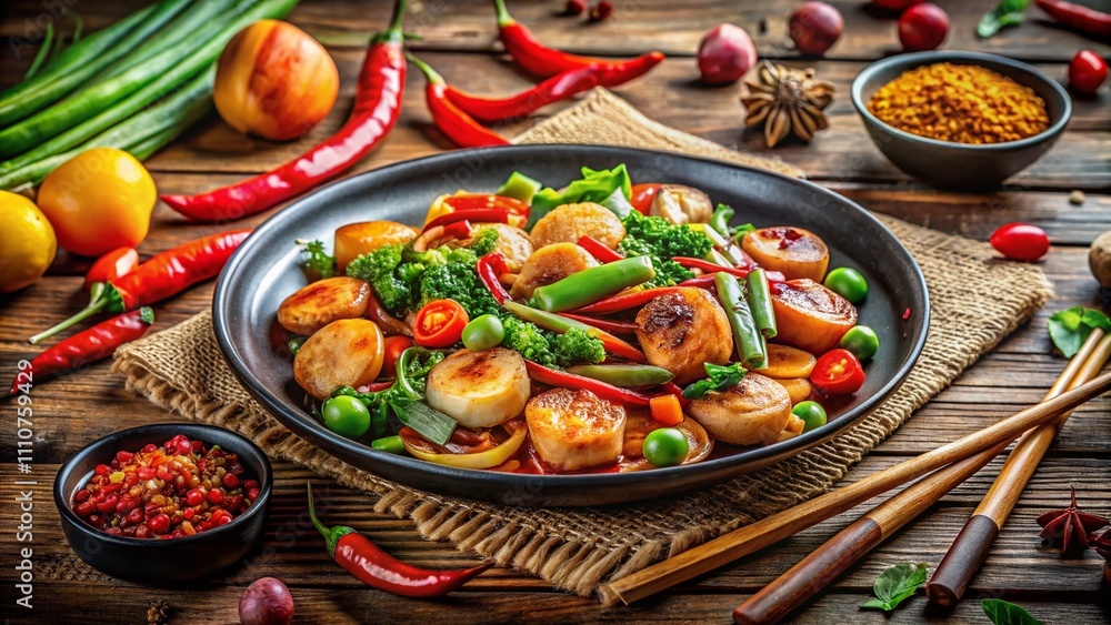 Panoramic View of Szechuan Scallops Stir-Fried with Colorful Chinese Vegetables on a Rustic Wooden Table with Traditional Asian Decor for Culinary Enthusiasts Panoramic View of Szechuan Scallops Stir-Fried with Colorful Chinese Vegetables on a Rustic Wooden Table with Traditional Asian Decor for Culinary Enthusiasts