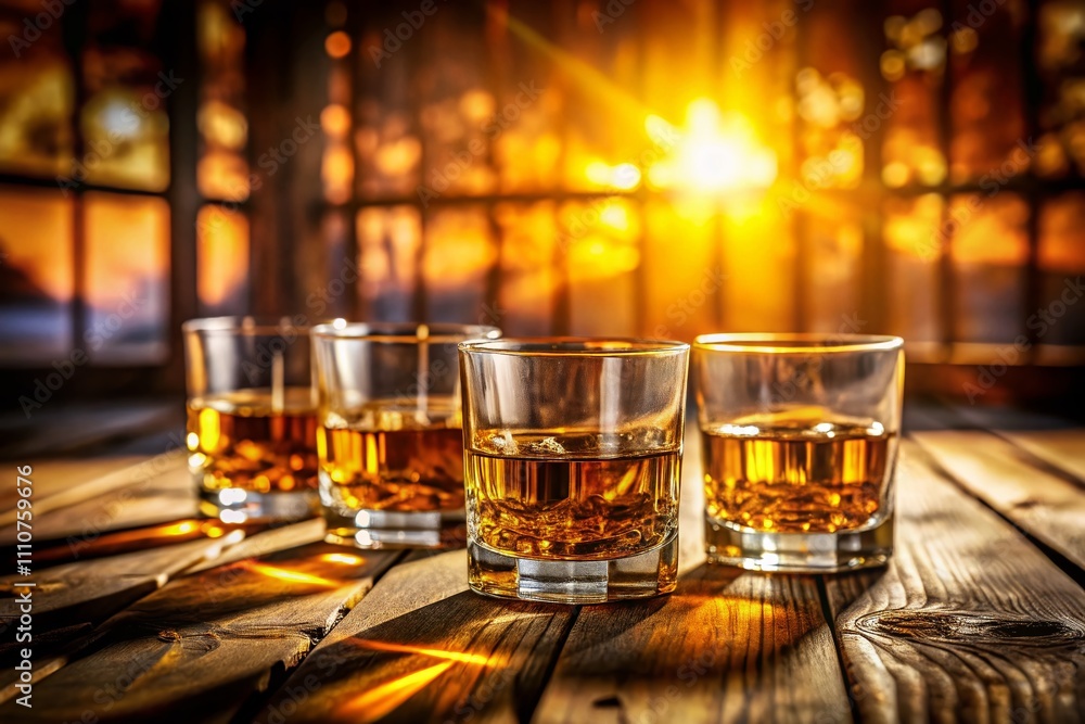 Panoramic View of Three Elegant Whiskey Glasses on a Table Reflecting Sunlight, Capturing the Warmth and Richness of Spirits in a Beautiful Setting Panoramic View of Three Elegant Whiskey Glasses on a Table Reflecting Sunlight, Capturing the Warmth and Richness of Spirits in a Beautiful Setting