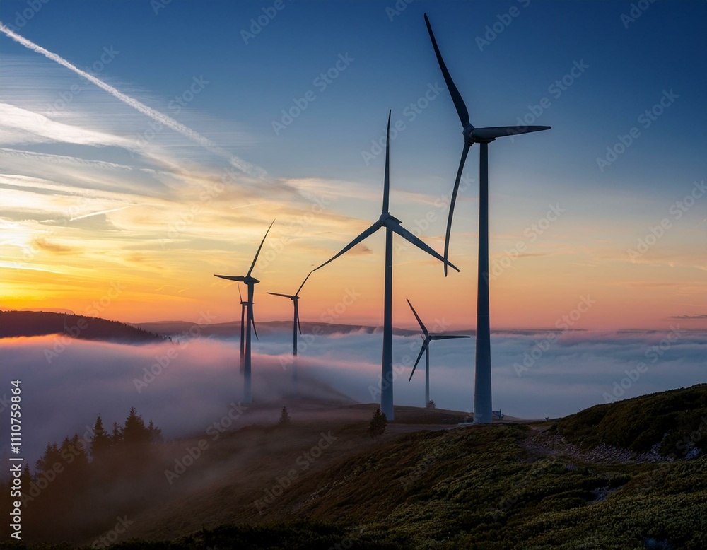 Wind turbines silhouetted against a vibrant sunset sky, generating sustainable energy Wind turbines silhouetted against a vibrant sunset sky, generating sustainable energy