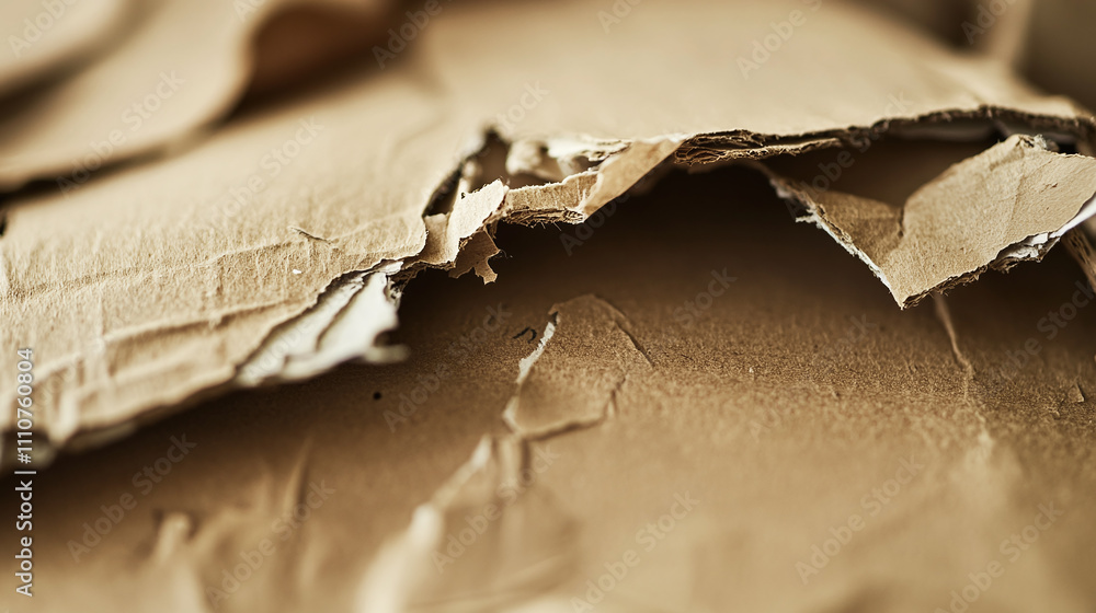 A close-up of a shredded cardboard box, showcasing the intricate details of the torn edges and exposed layers, with soft natural lighting highlighting the texture A close-up of a shredded cardboard box, showcasing the intricate details of the torn edges and exposed layers, with soft natural lighting highlighting the texture