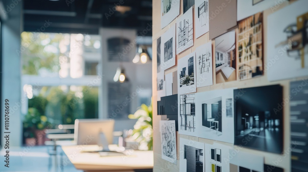 A creative workspace showcasing various architect designs pinned to a board for inspiration A creative workspace showcasing various architect designs pinned to a board for inspiration