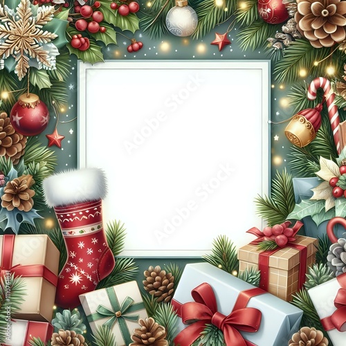 Festive Christmas Frame with Holiday Decorations