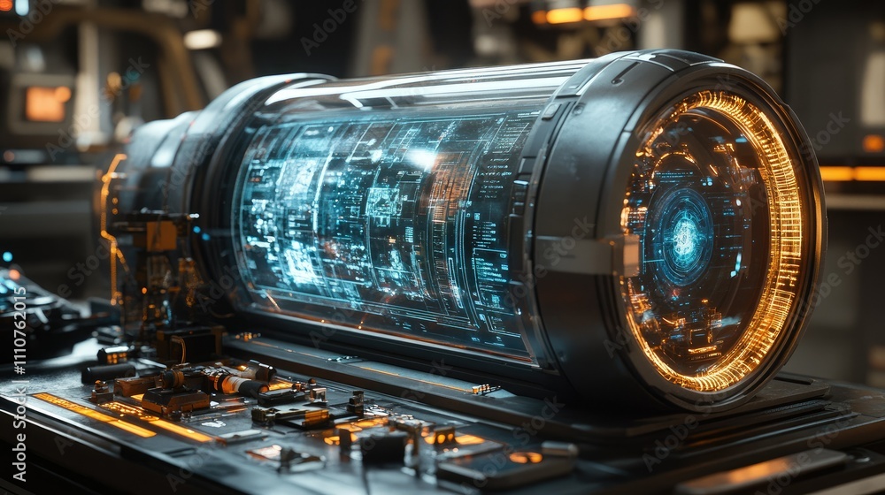 A futuristic device encased in glass, showcasing intricate technology and glowing components. A futuristic device encased in glass, showcasing intricate technology and glowing components.