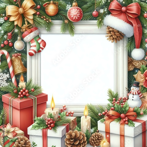 Festive Christmas Frame with Holiday Decorations