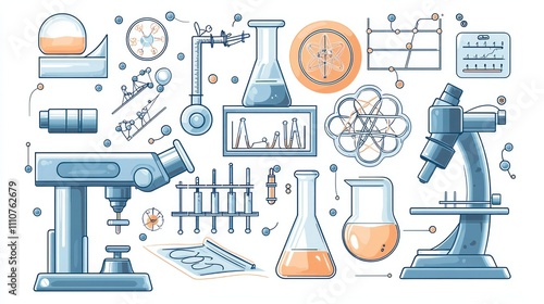 A digital illustration of laboratory equipment and scientific icons in a vector style photo