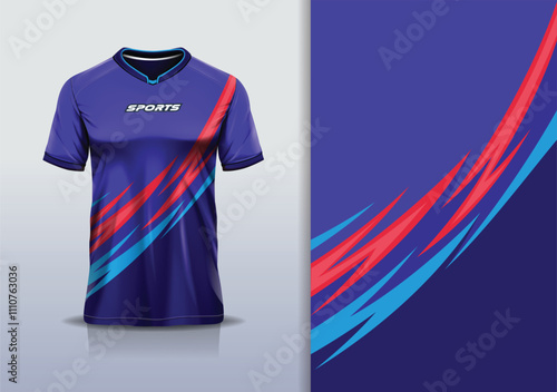 T-shirt mockup abstract stripe line jersey design for football, soccer, racing, esports, running, in blue navy red color