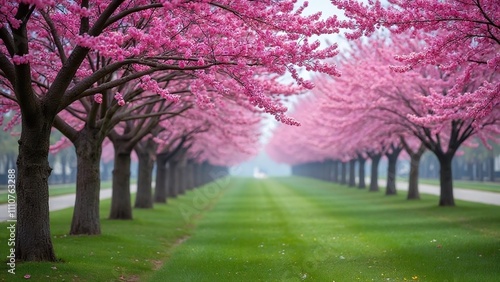 Serene cherry blossom trees row pink flowers grass trunks