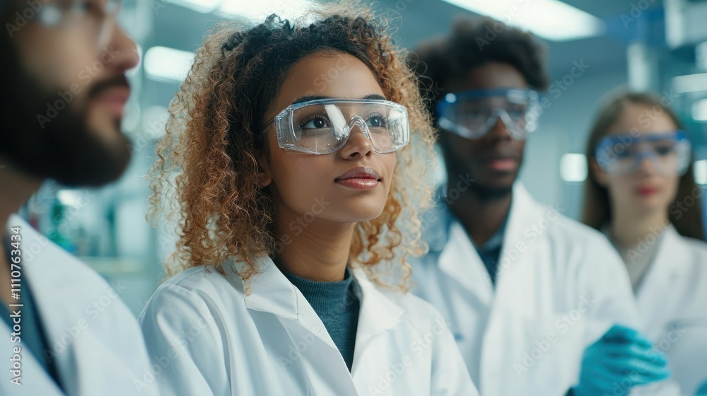 Naklejka premium A diverse group of young scientists discussing their research findings in a laboratory