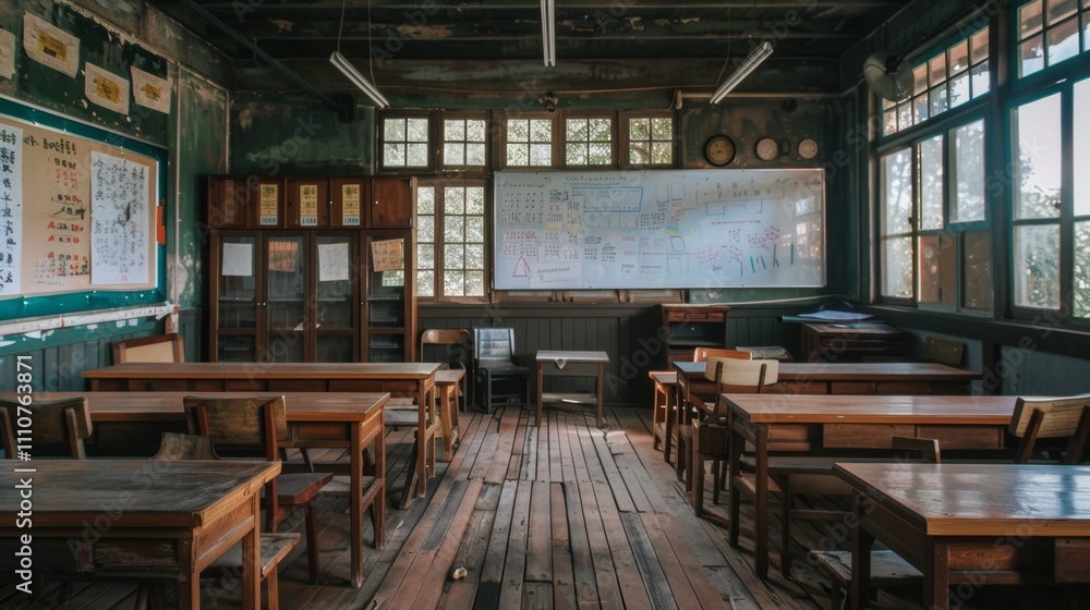 photograph of Empty classroom with wooden desks large whiteboard school photograph of Empty classroom with wooden desks large whiteboard school