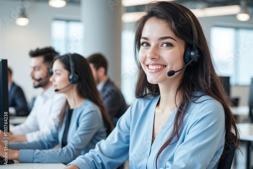 Young woman in office call center on phone headset