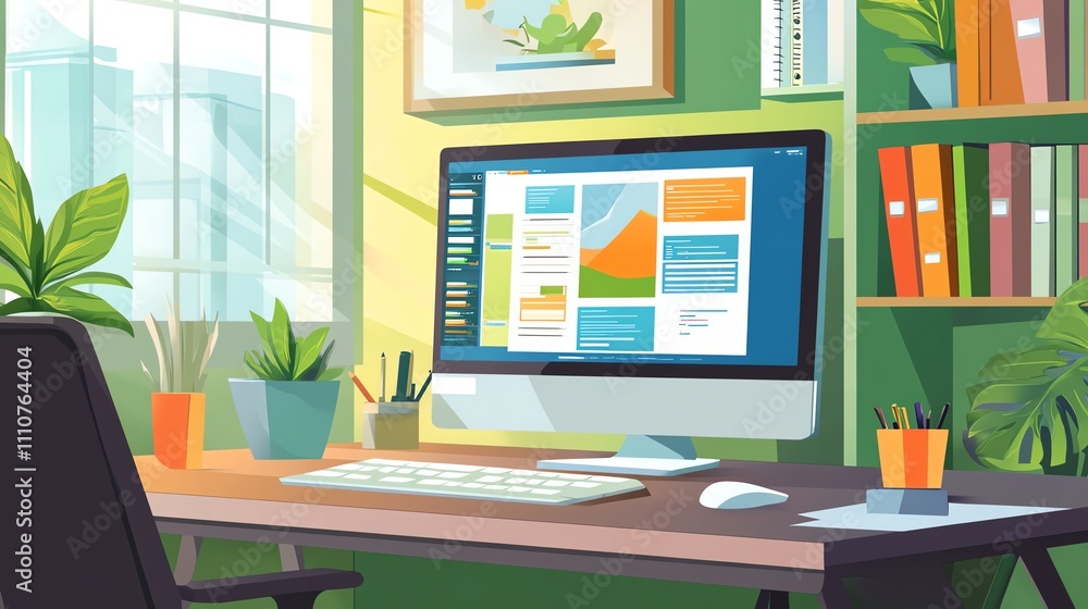 Modern workspace with plants and computer screen Modern workspace with plants and computer screen