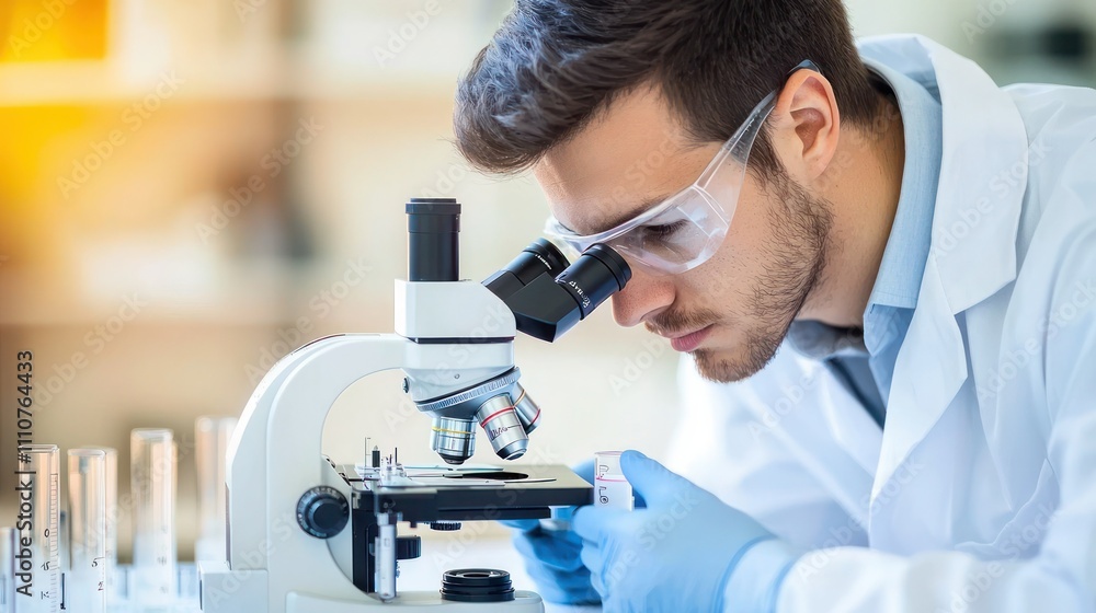 A focused laboratory technician analyzing samples under a microscope in a bright lab A focused laboratory technician analyzing samples under a microscope in a bright lab