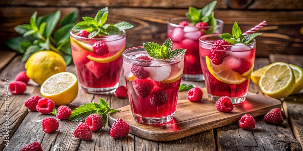 Refreshing Glasses of Raspberry Lemonade with Fresh Mint and Slices of Lemon on a Wooden Table, Perfect for Summer Gatherings and Outdoor Events Refreshing Glasses of Raspberry Lemonade with Fresh Mint and Slices of Lemon on a Wooden Table, Perfect for Summer Gatherings and Outdoor Events