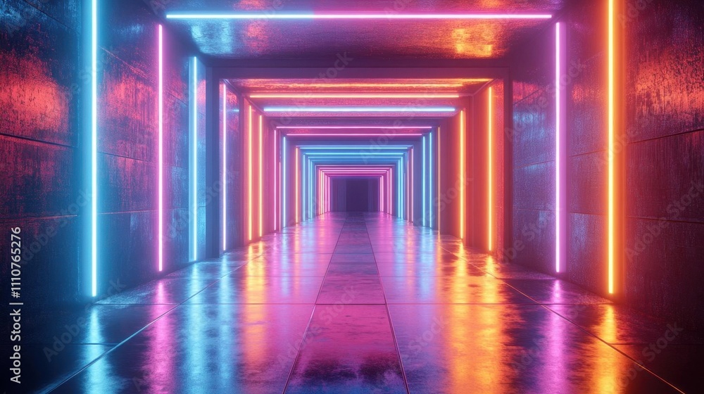 Neon Lights Reflecting on Wet Floor in a Futuristic Corridor Neon Lights Reflecting on Wet Floor in a Futuristic Corridor