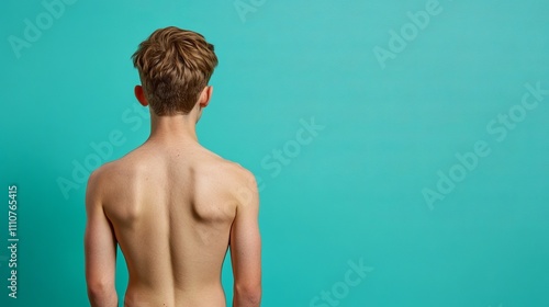 A lean Caucasian teenage boy stands with his back to the camera against a vibrant turquoise background, showcasing youthful physique and healthy posture. skinny boy