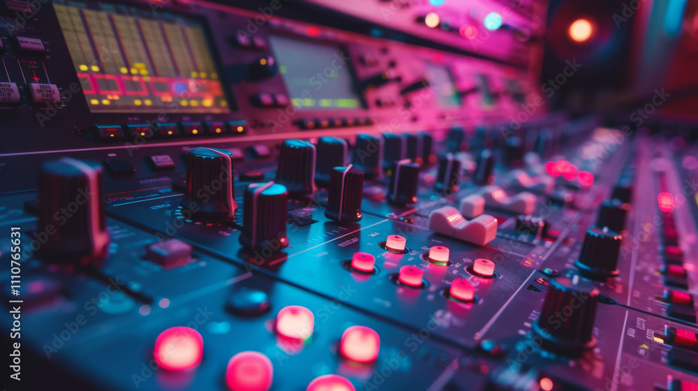 Close up on rack of audio processors and effects, showcasing vibrant lights and intricate controls. scene captures essence of music production and sound engineering Close up on rack of audio processors and effects, showcasing vibrant lights and intricate controls. scene captures essence of music production and sound engineering