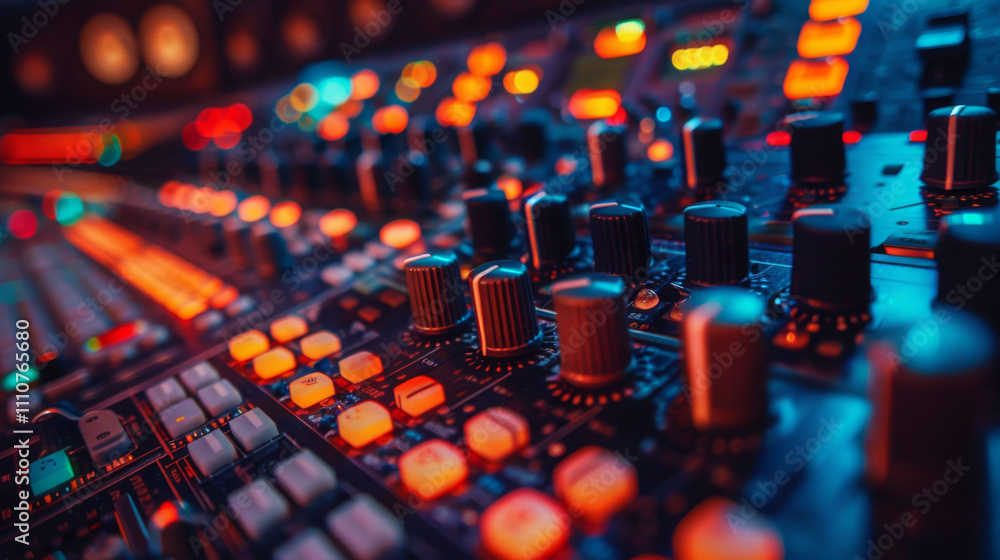 Close up on rack of audio processors and effects, showcasing vibrant lights and intricate controls, creating dynamic atmosphere for sound production Close up on rack of audio processors and effects, showcasing vibrant lights and intricate controls, creating dynamic atmosphere for sound production